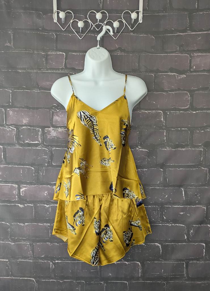 Women's Satin Style Pajama Shorts Set mustard silky zebra print light summer holiday - Size Medium