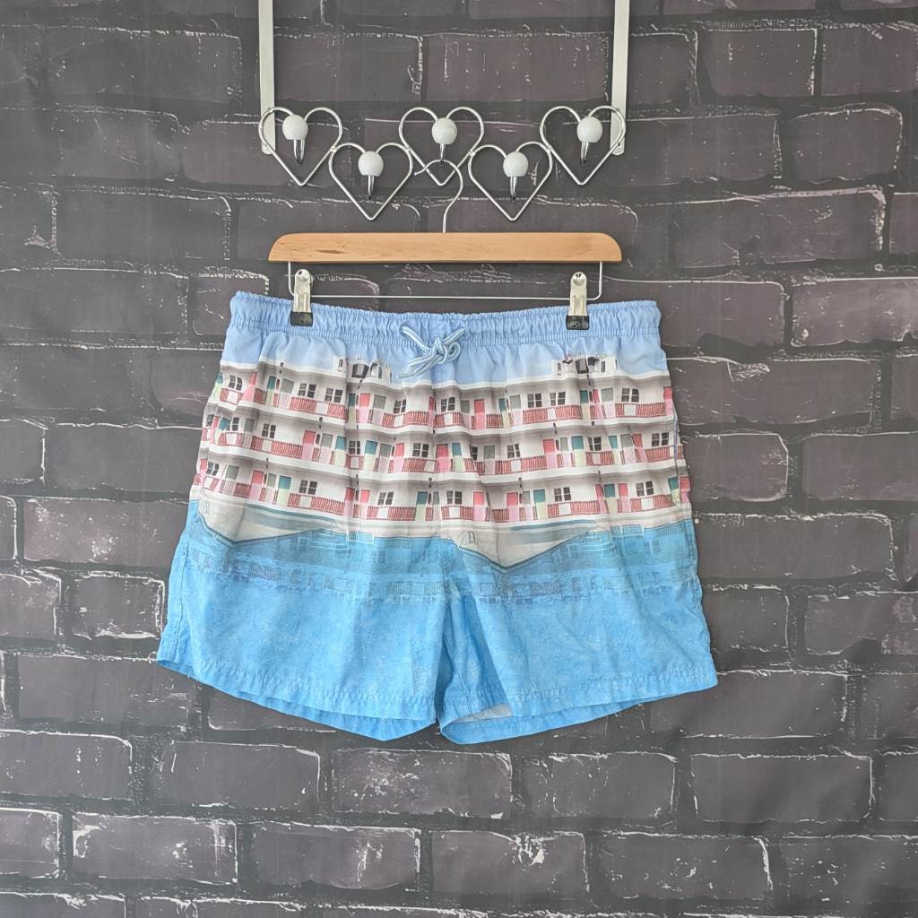 Men's Funky Print Swim Shorts pale blue netted pockets holiday summer - Size XL