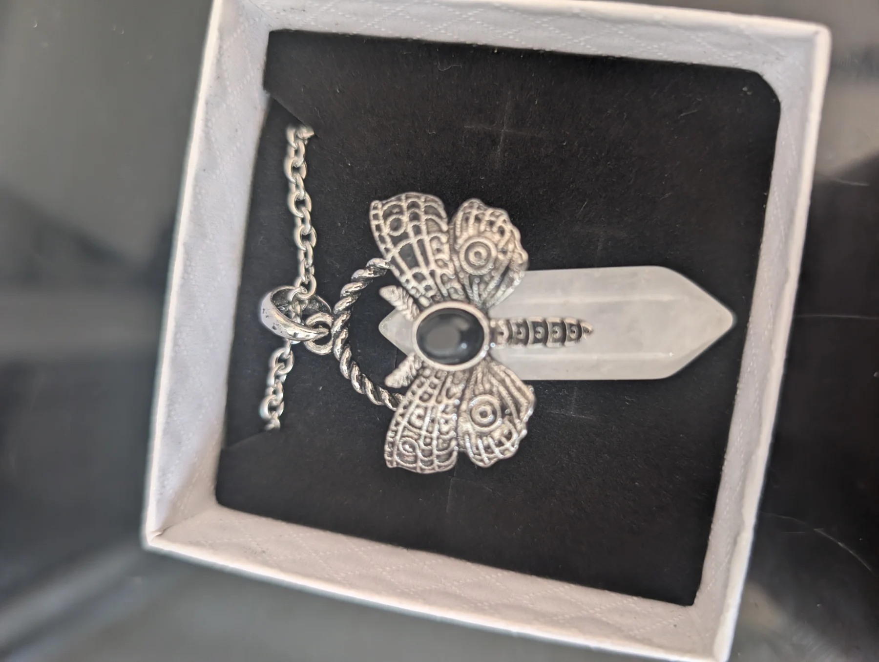 Gothic Stainless steel moth necklace with quartz