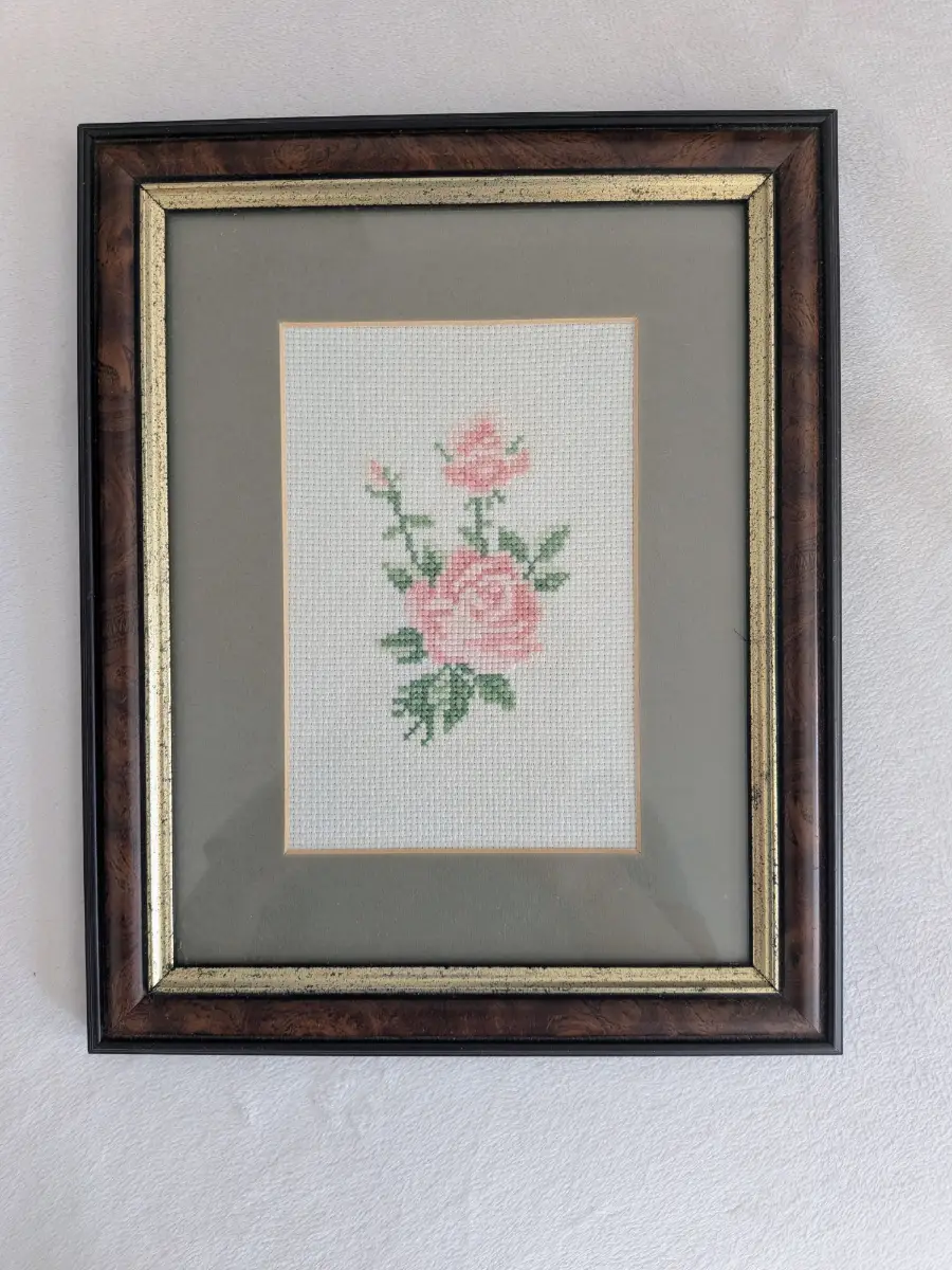 Framed Vintage Rose Cross-Stitch Wall Art | 27cm x 22cm