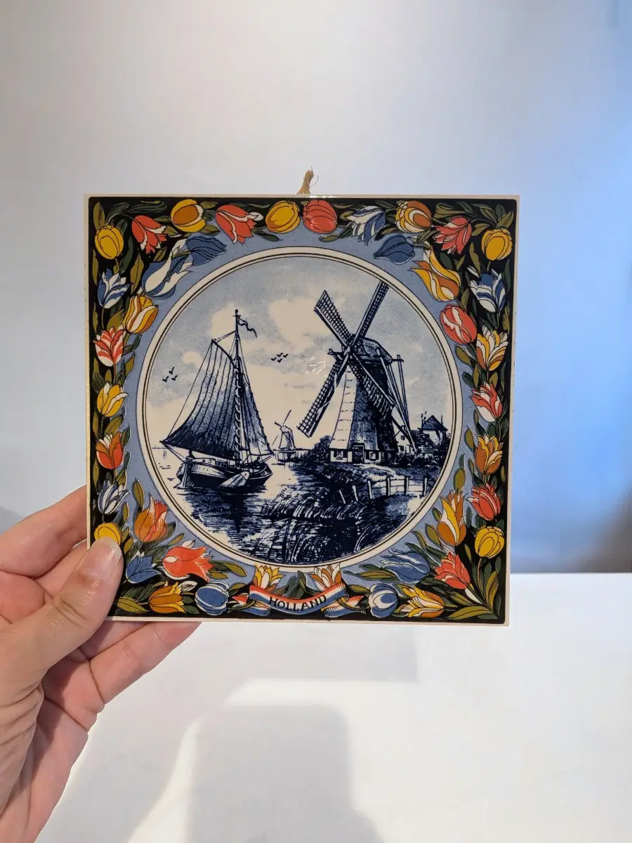 Vintage Delft Blue Holland Ceramic Tile – Windmill & Sailboat Design