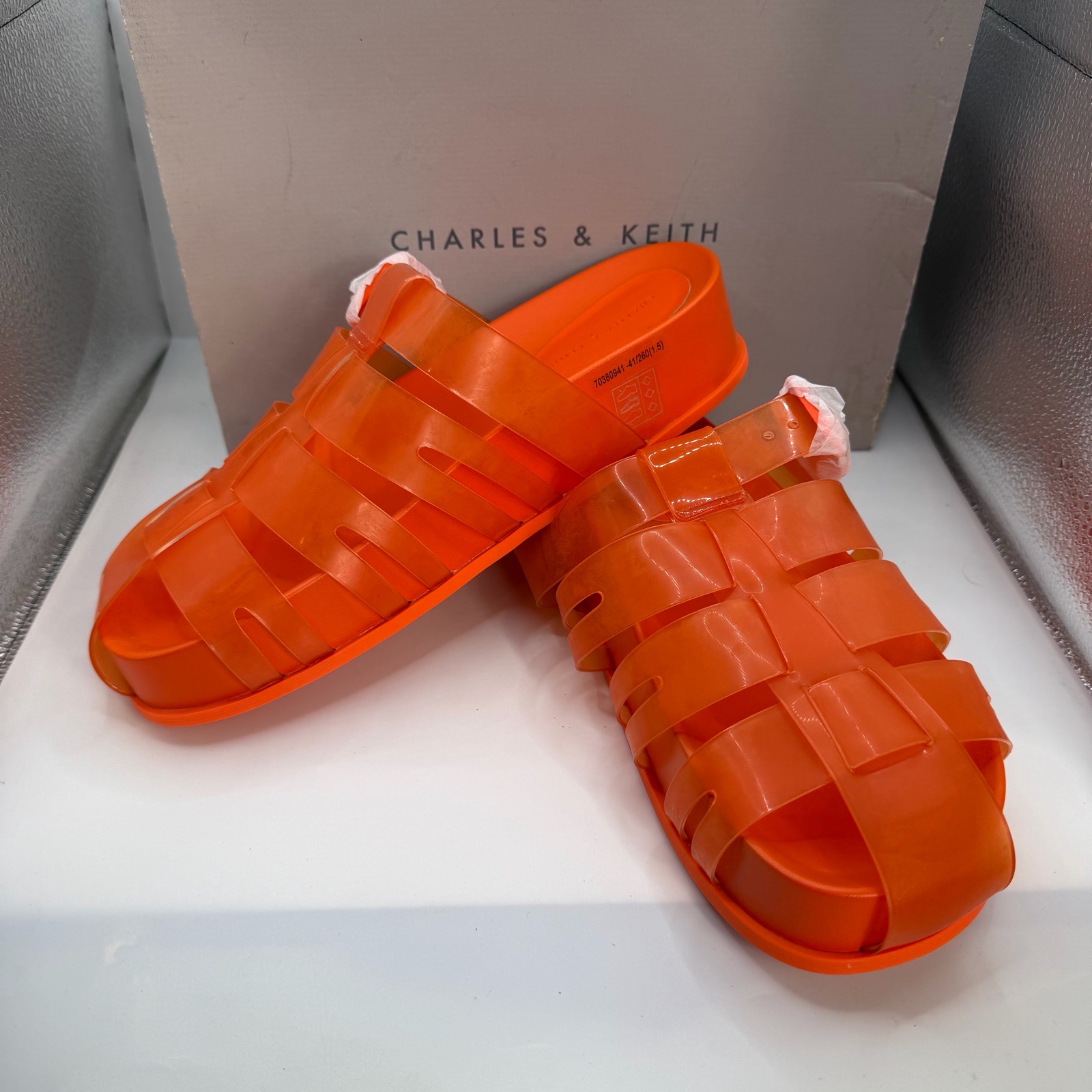 CHARLES & KEITH Madison Orange Jelly Caged Slide Sandals Platform Mules UK 8