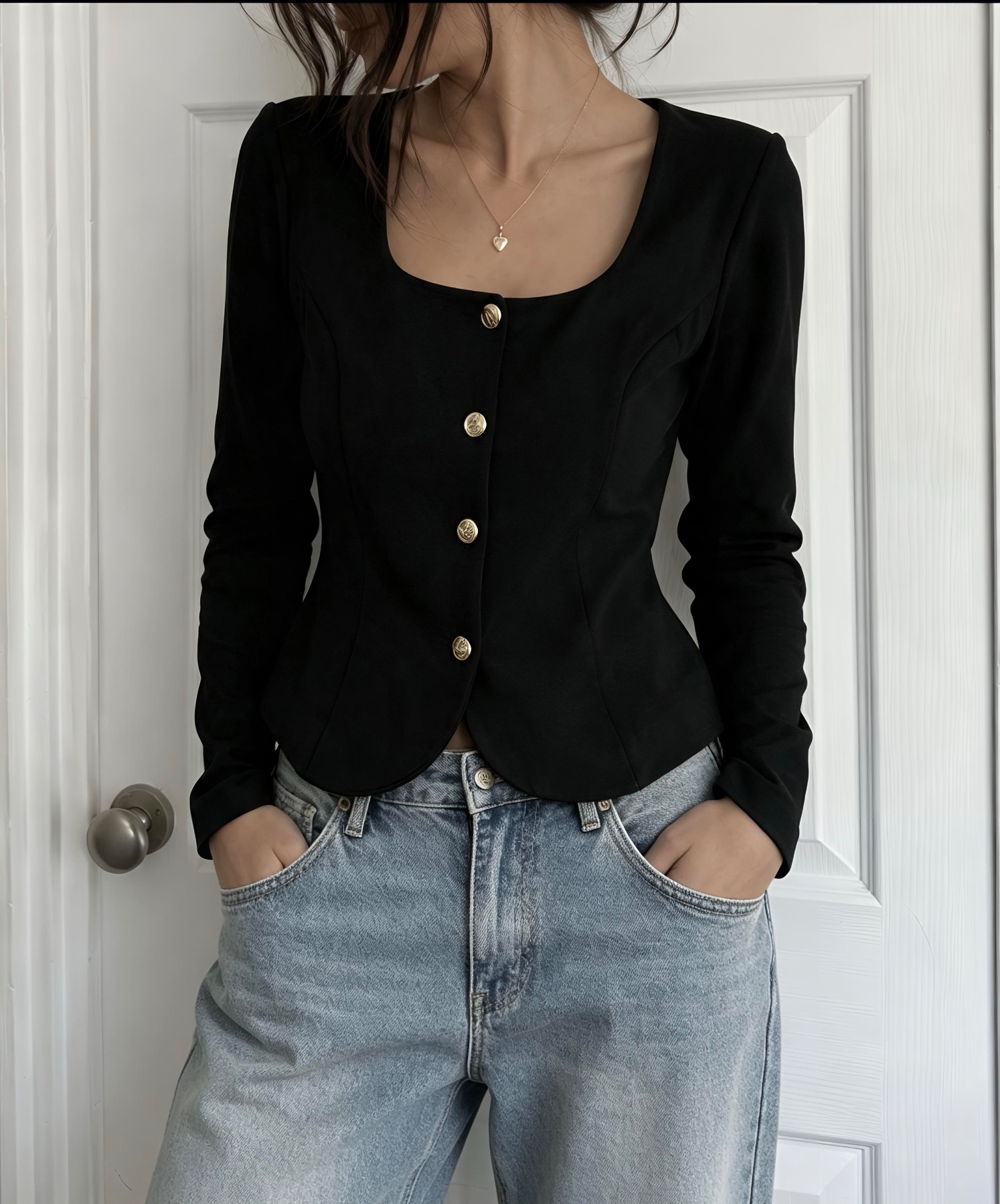 Black Structured Button Front Top
