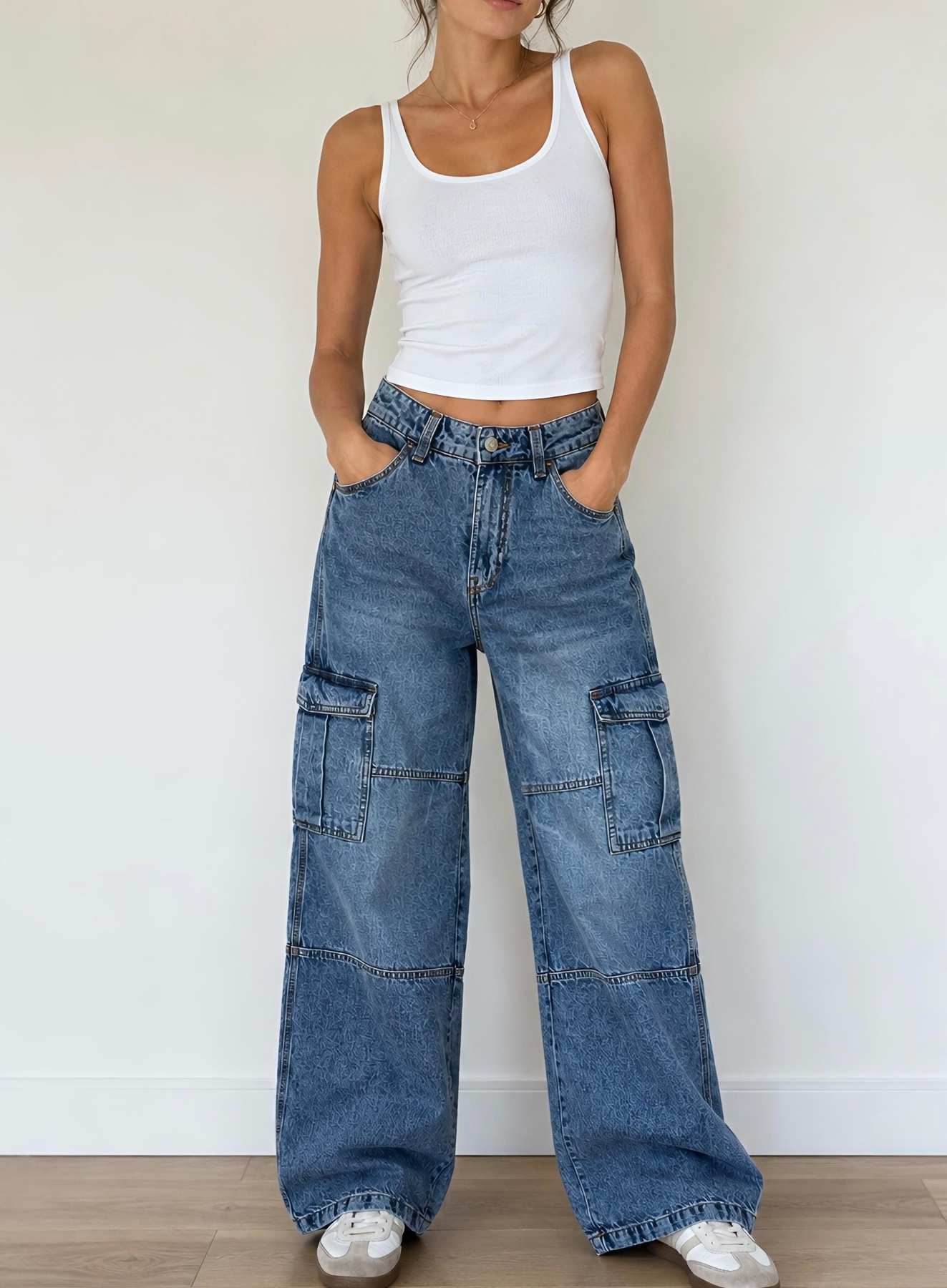 Vintage-Style Blue Denim Cargo Jeans