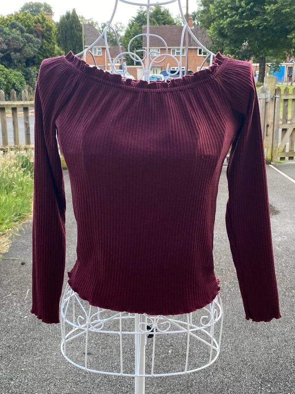 Primark Burgundy Ribbed Frill Hem Crop Top Size 12 Long Sleeve Off Shoulder