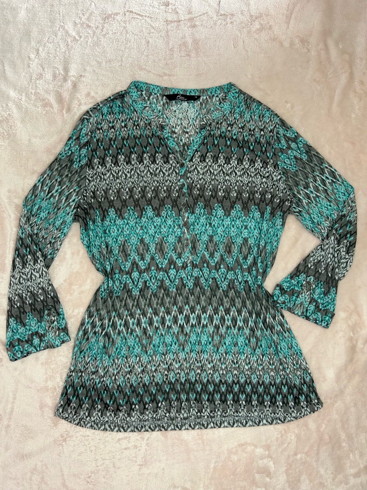 Boho Y2K style blouse 3/4 sleeve teal and grey size 14