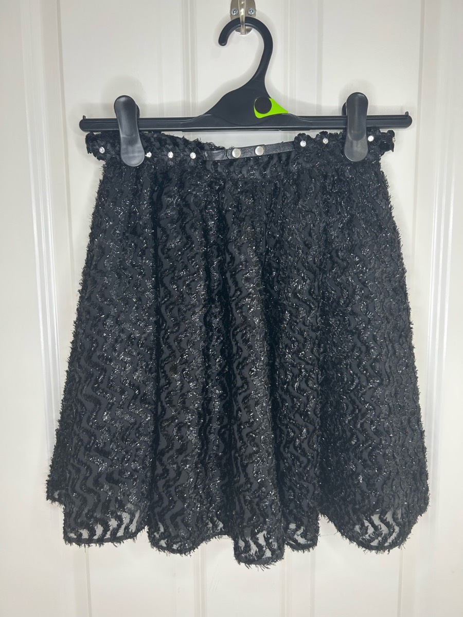 River island black textured skater skirt floral belt size 8