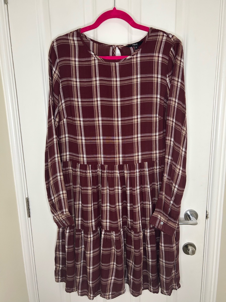 Next burgundy check smock dress size 12