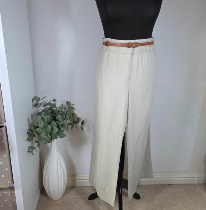 M&S Linen Blend Wide Leg Trousers UK 16 Short Neutral Beige Summer