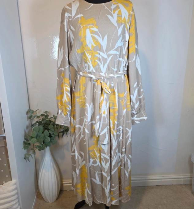 Per Una Midi Dress UK 16 Taupe Mustard Floral Button Through Belted