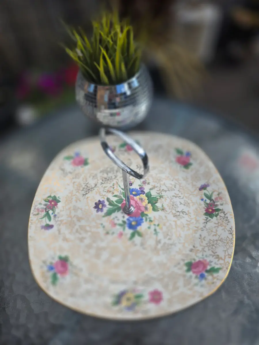 Vintage Midwinter Synchro Cake Stand Staffordshire England Floral Afternoon Tea Plate