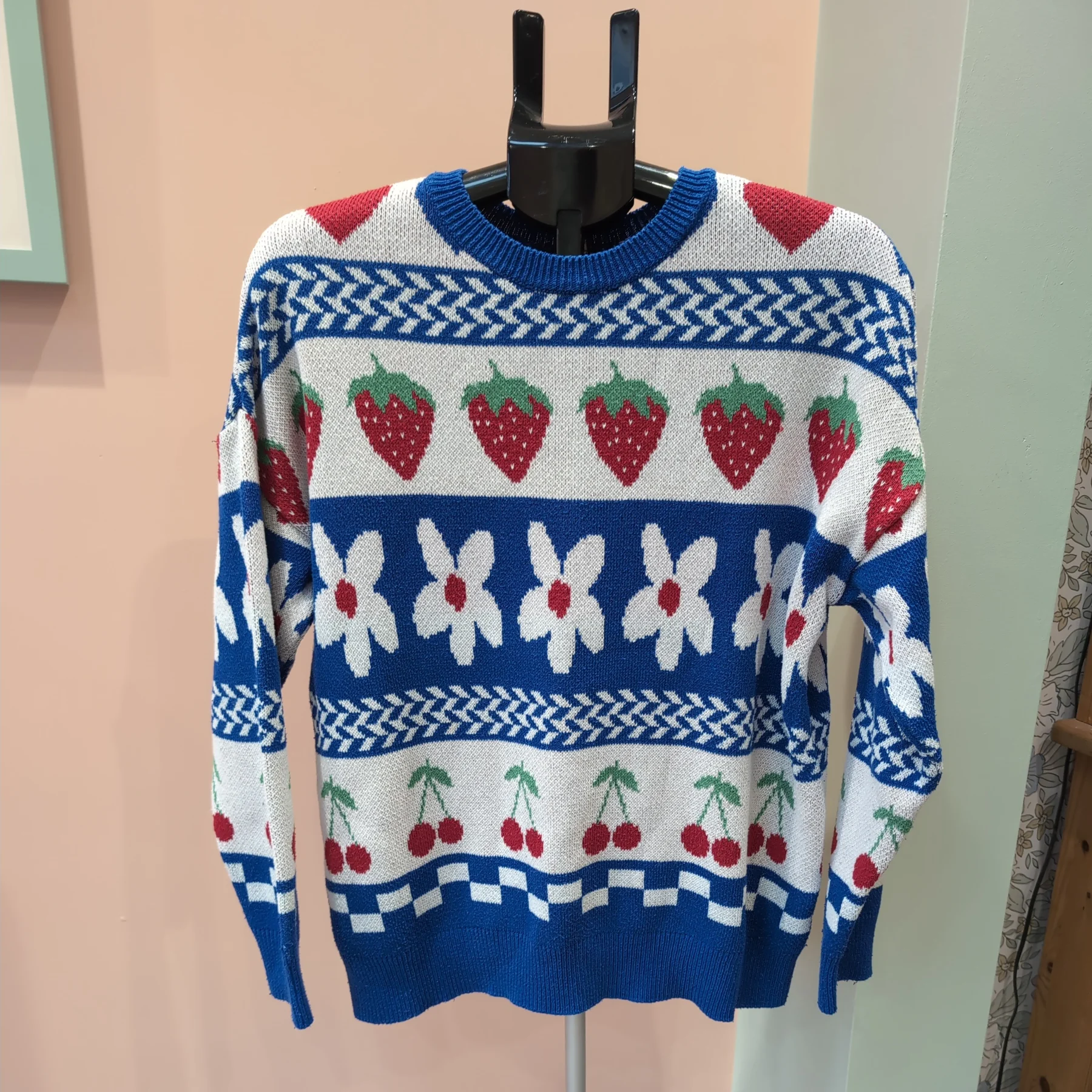 Only Strawberry Cherry Flower Print Retro Style 3/4 Length Sleeved Jumper - Women’s 12 - 14