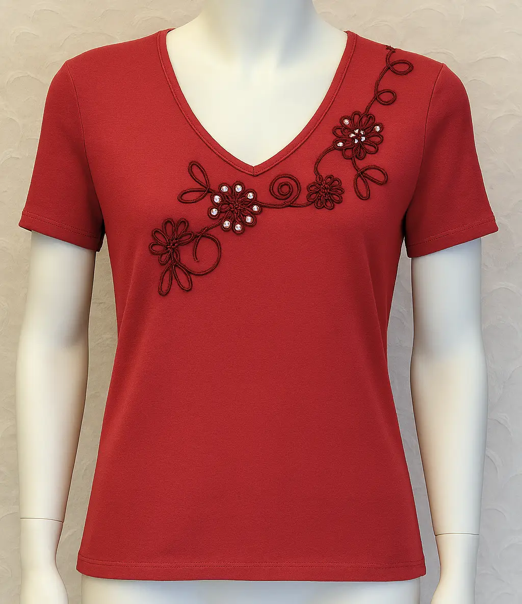 Marks & Spencer Red Cotton Top – Size 14 – Embroidered Detail