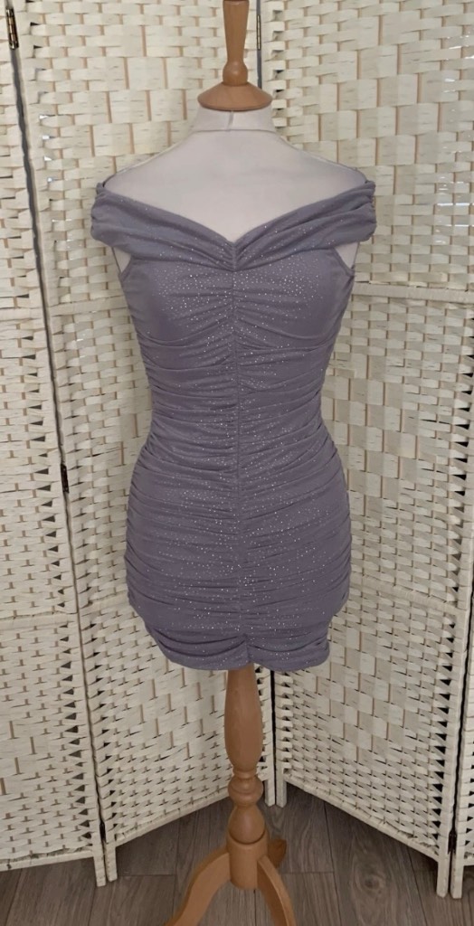 Quiz New With Tag Grey & Silver Glitter Ruched Mini Dress Size 8