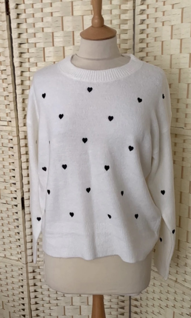 Peacocks Ivory & Black Heart Soft Stretch Jumper Size Medium 12-14