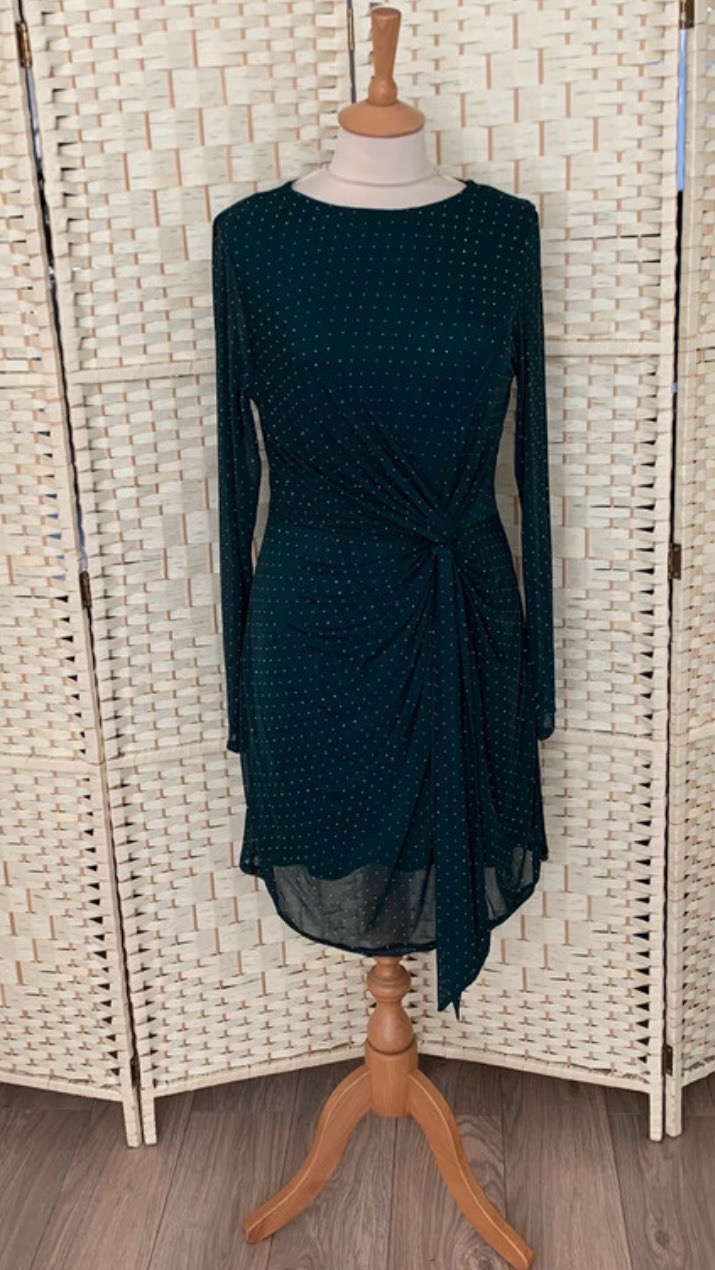 Quiz Green Stretch Mesh Gold Embellished Mini Dress Size 14