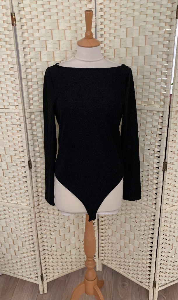 F&F Black Glitter Long Sleeve Stretch Bodysuit Size 14