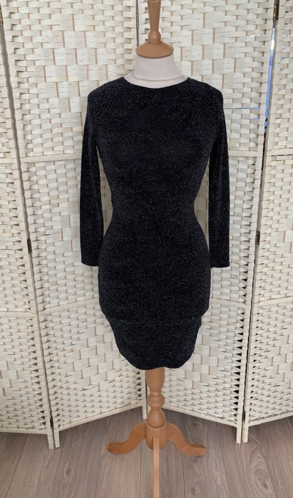 River Island Black & Silver Stretch Cross Back Party Dress Size 8