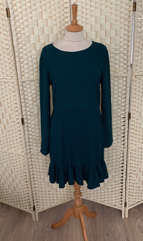 Peacocks Green Stretch Frill Hem Dress Size 14