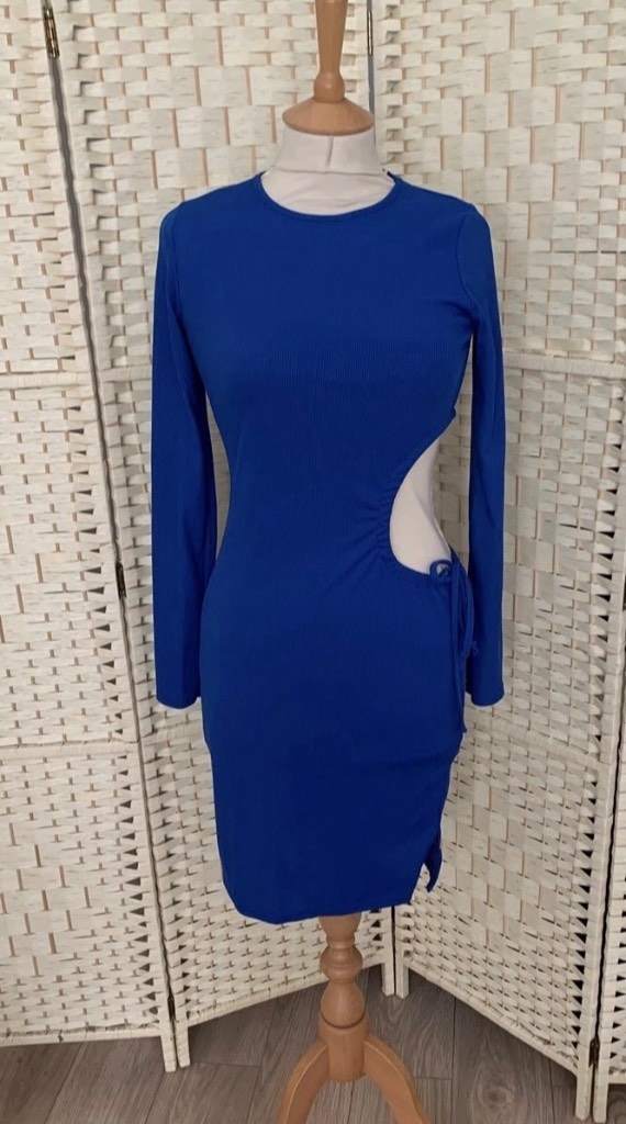 QED London Blue Stretch Ribbed Cut Out Waist Dress Size 8