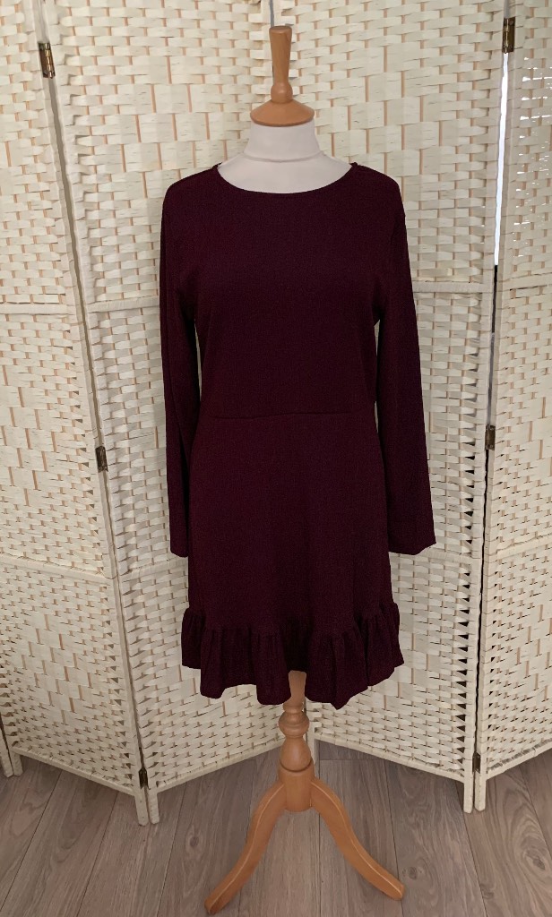 Peacocks Aubergine Long Sleeve Frill Hem Stretch Dress Size 14