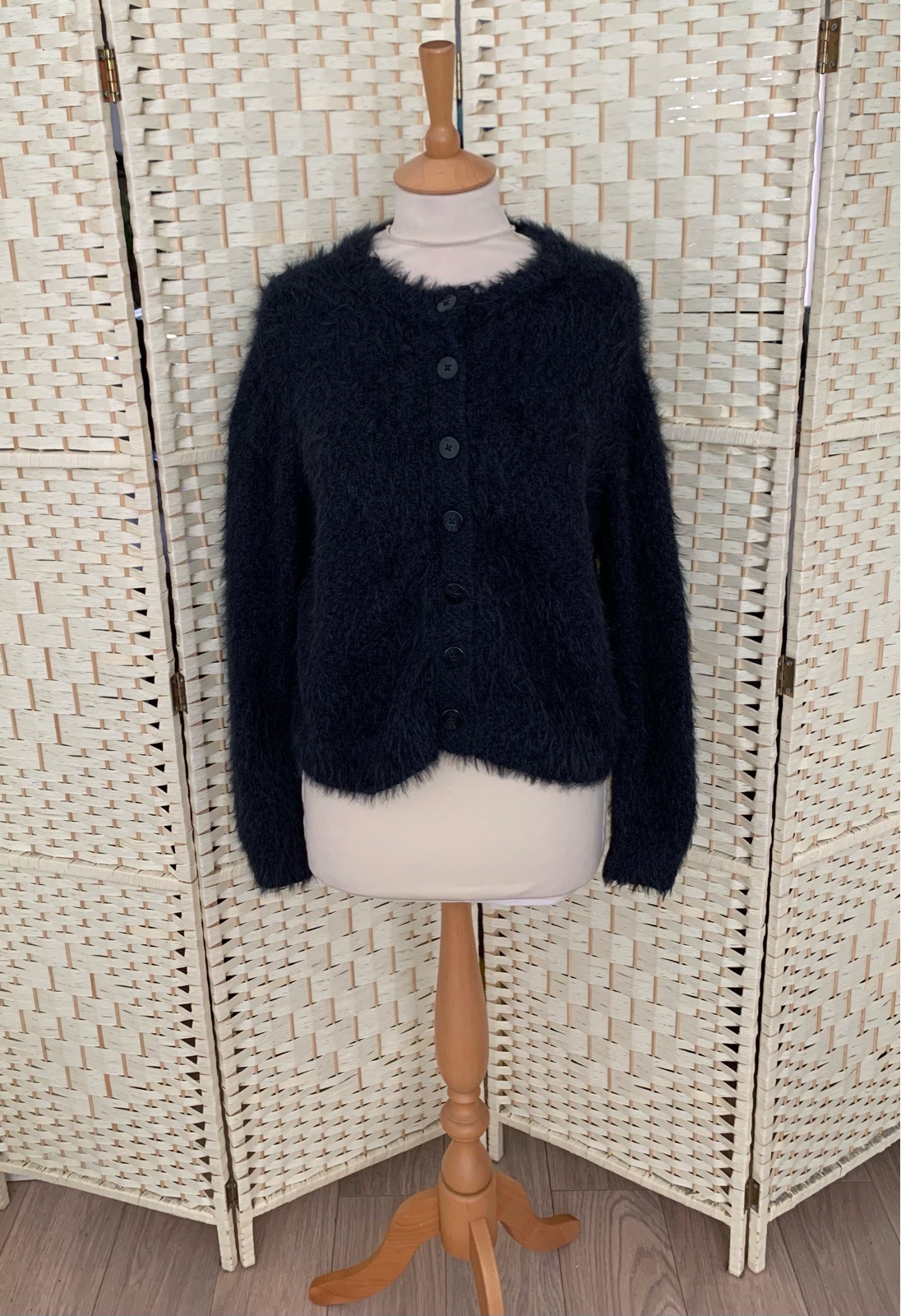 M&S Navy Soft Fluffy Knit Button Up Cardigan Size Small 8-10