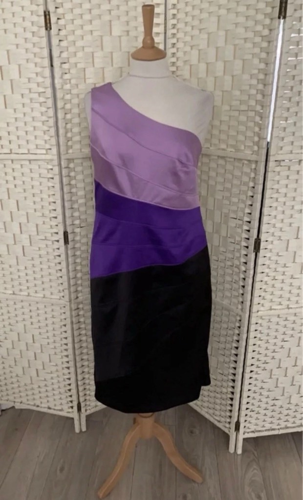 Star By Julien Macdonald Black & Purple Satin Feel One Shoulder Dress Size 14