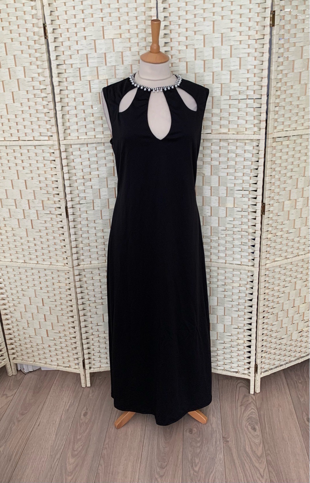 Shein Black Diamanté & Pearl Cut Out Detail Long Stretch Dress Size Large 12-14