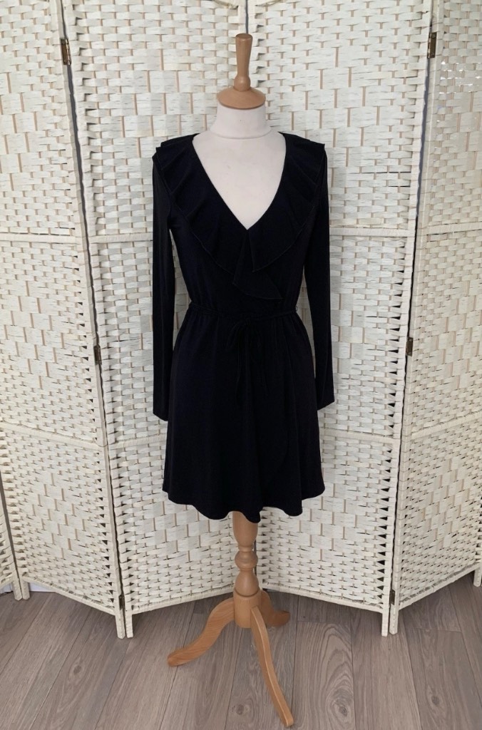 H&M Black Frill Trim Long Sleeve Stretch Dress Size 10