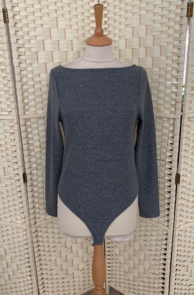 F&F Silver Glitter Long Sleeve Stretch Bodysuit Size 12