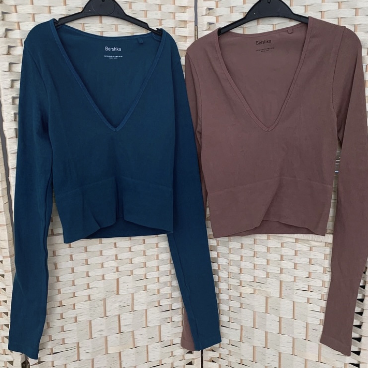 Bershka Teal & Brown Long Sleeve Stretch Crop Tops x2 Size XS 6-8