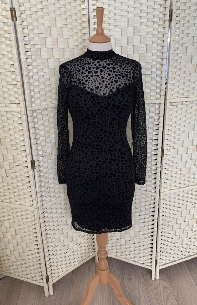 Dorothy Perkins Black Heart Flocked Stretch Dress Size 6