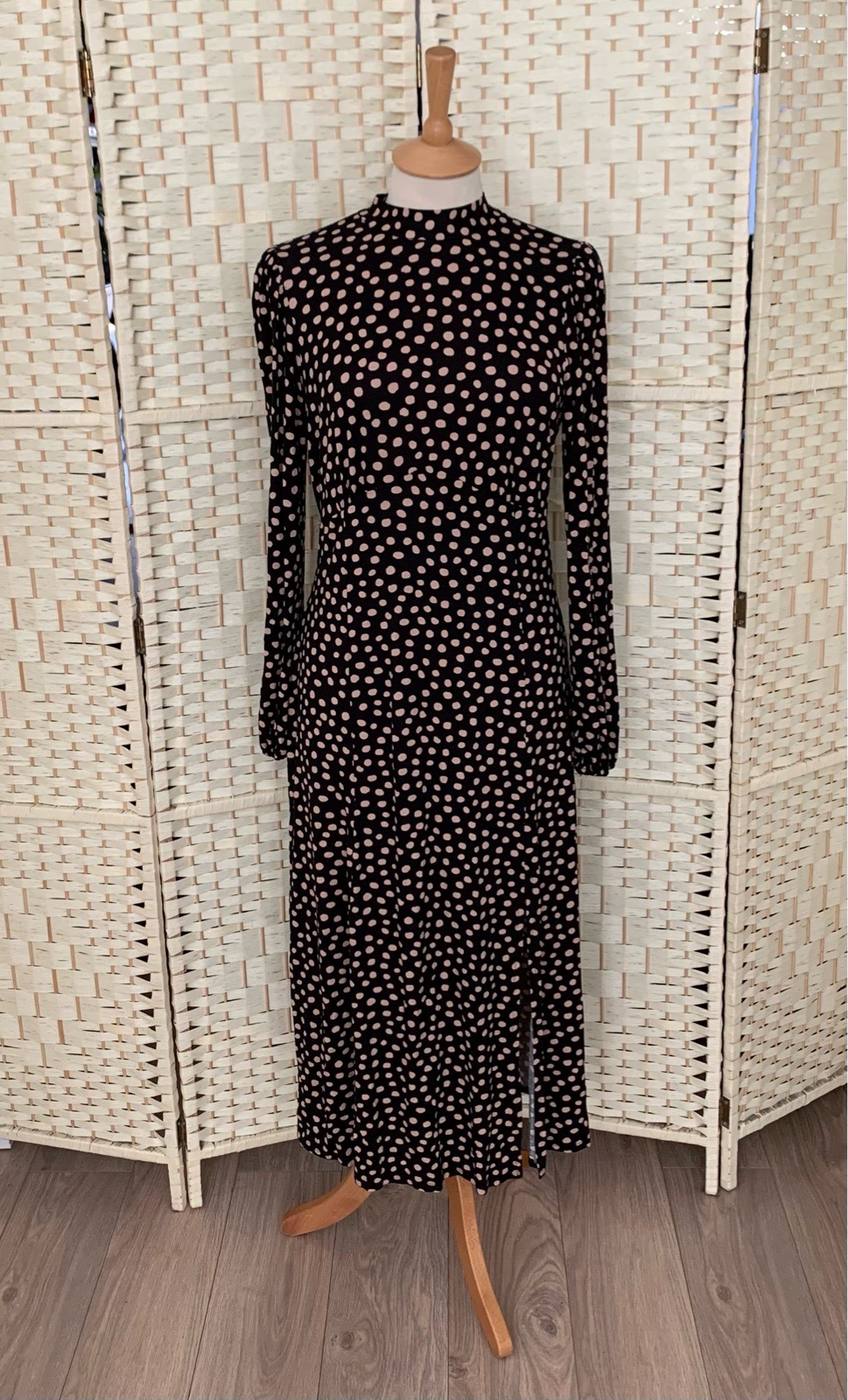 F&F Black & Beige Soft Stretch Long Sleeve High Neck Midi Dress Size 10