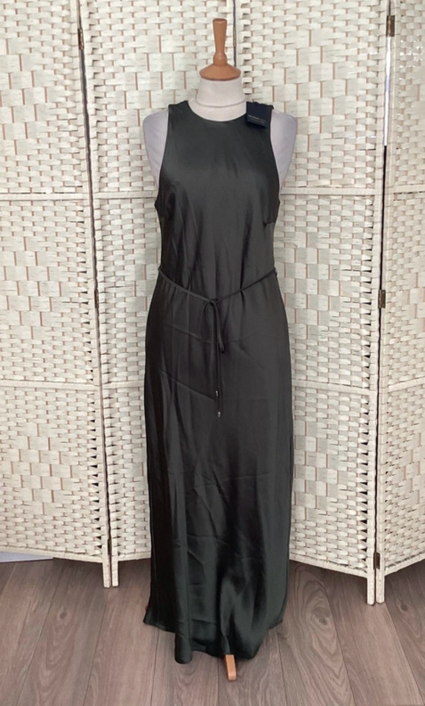 River Island New With Tag Khaki Silky Satin Long Dress Size 14