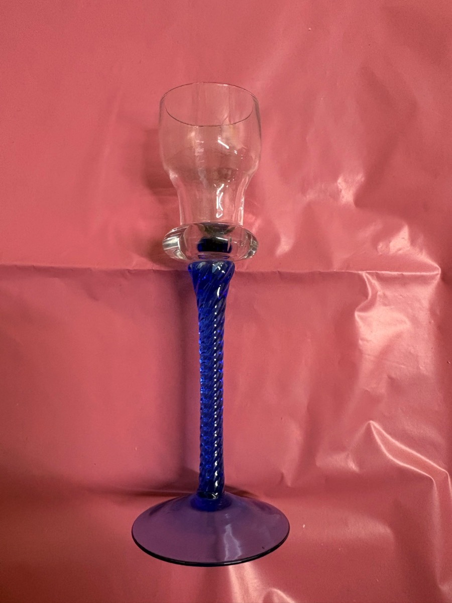 Tall blue/clear glass candle holder