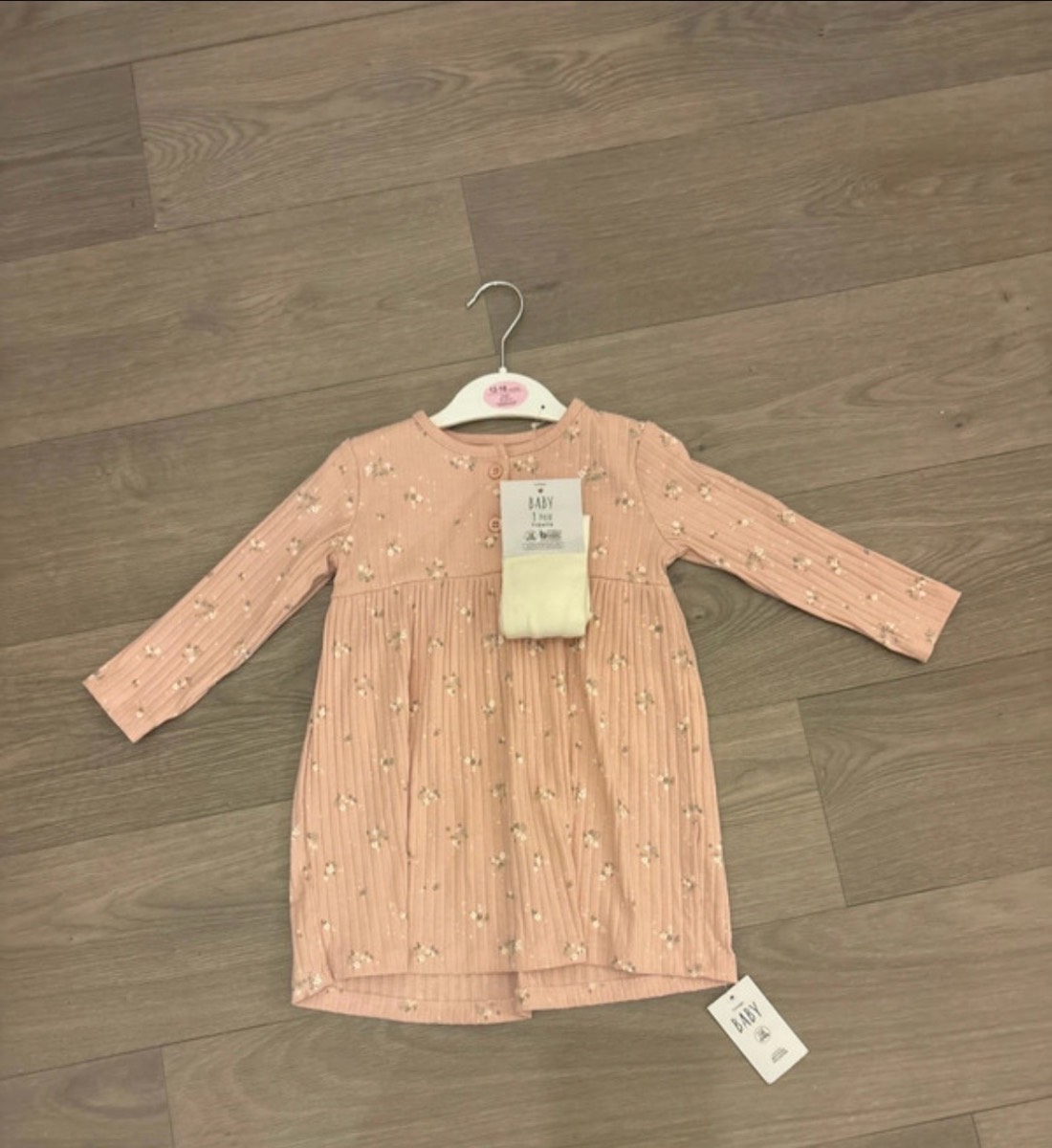 George baby girls pink floral ribbed dress & tights set 12-18 months BNWT