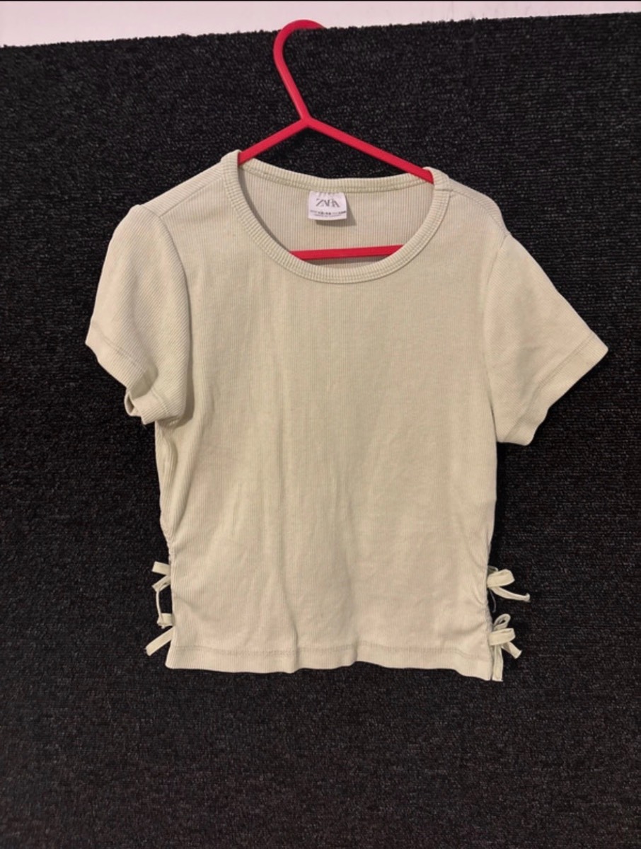 Zara Girls Ribbed Side Tie T-Shirt Cream 12- 13 Years