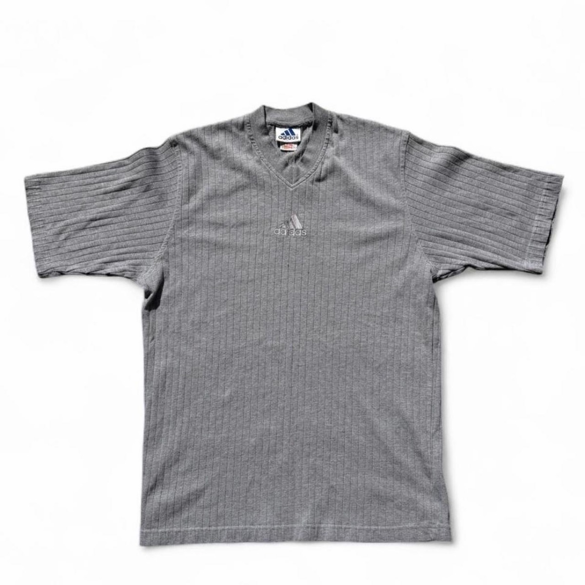 Vintage 1999 Adidas Ribbed V-Neck Centre Logo T-Shirt