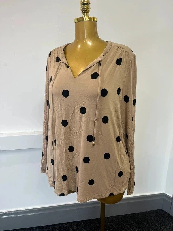 M&amp;S uk 22 brown long sleeve polka dot tassle detail top