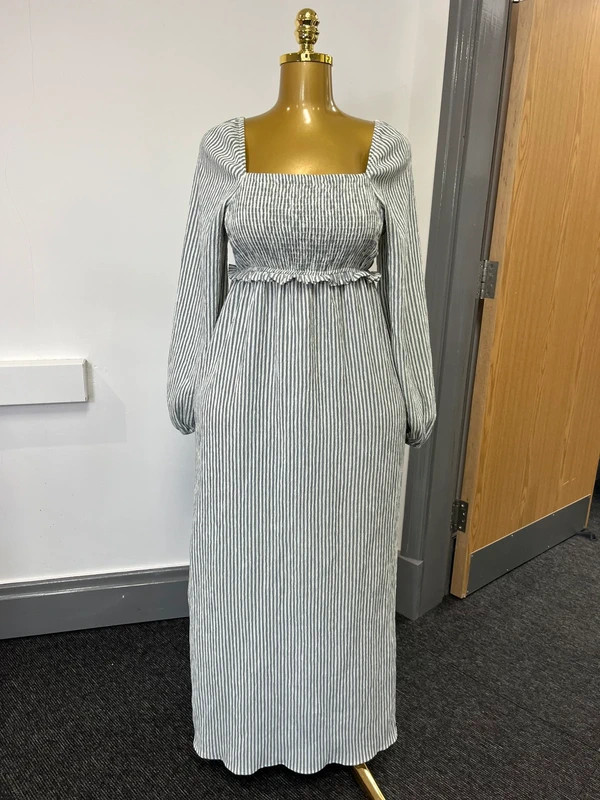 George Greyish blue & White Striped Shirred Square Neck Long Sleeve Midi Dress Small
