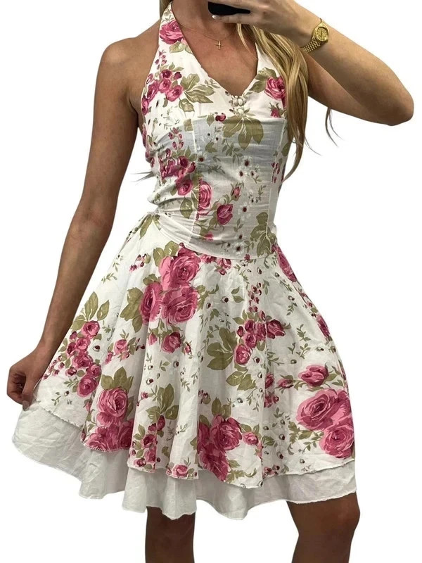Y2K halter neck floral double lined backless midi dress