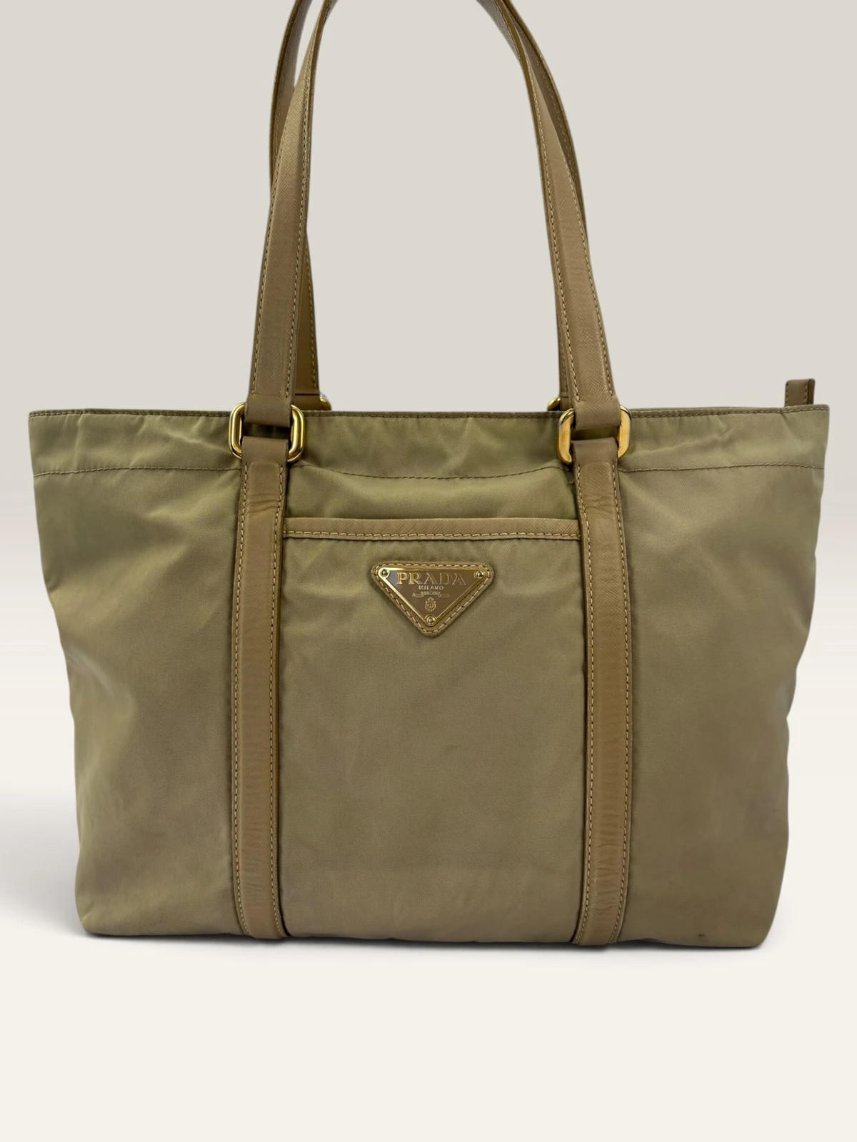 Vintage Prada Beige Nylon Tote Bag Leather Trim Triangle Logo