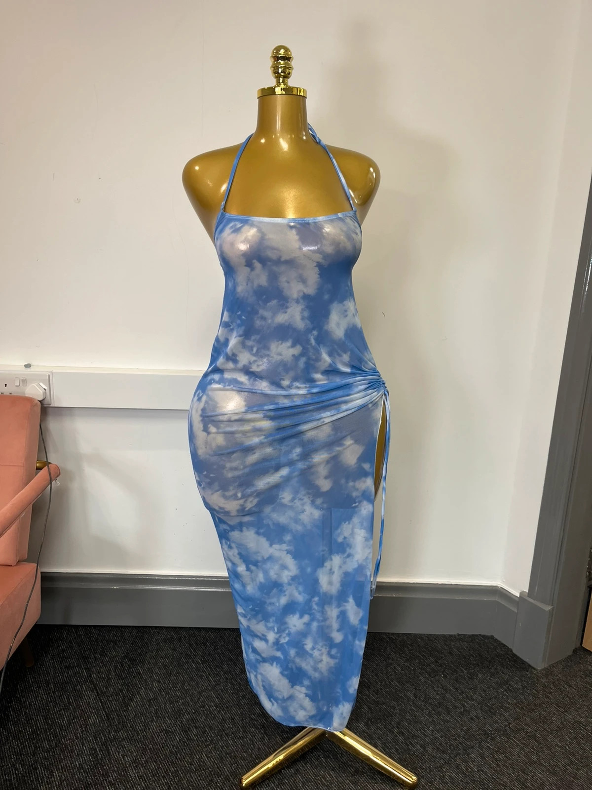 Blue Cloud Print Halterneck Ruched Side Split Maxi Dress beach coverup