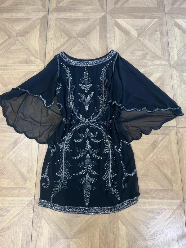 Womens phase eight uk16 angel wing sleeve black sequin beaded party cocktail mini dress
