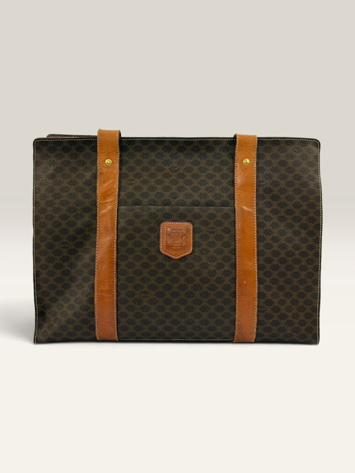 Vintage Celine Macadam Canvas Leather Tote Bag Brown Tan Triomphe
