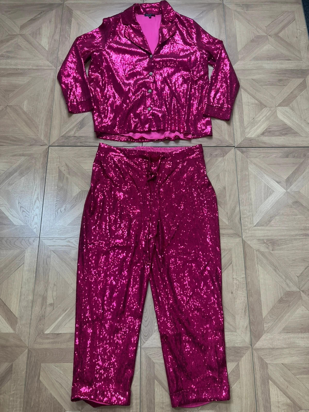 Nadine merabi got pink sequin two piece cropped trousers and blazer set uk16