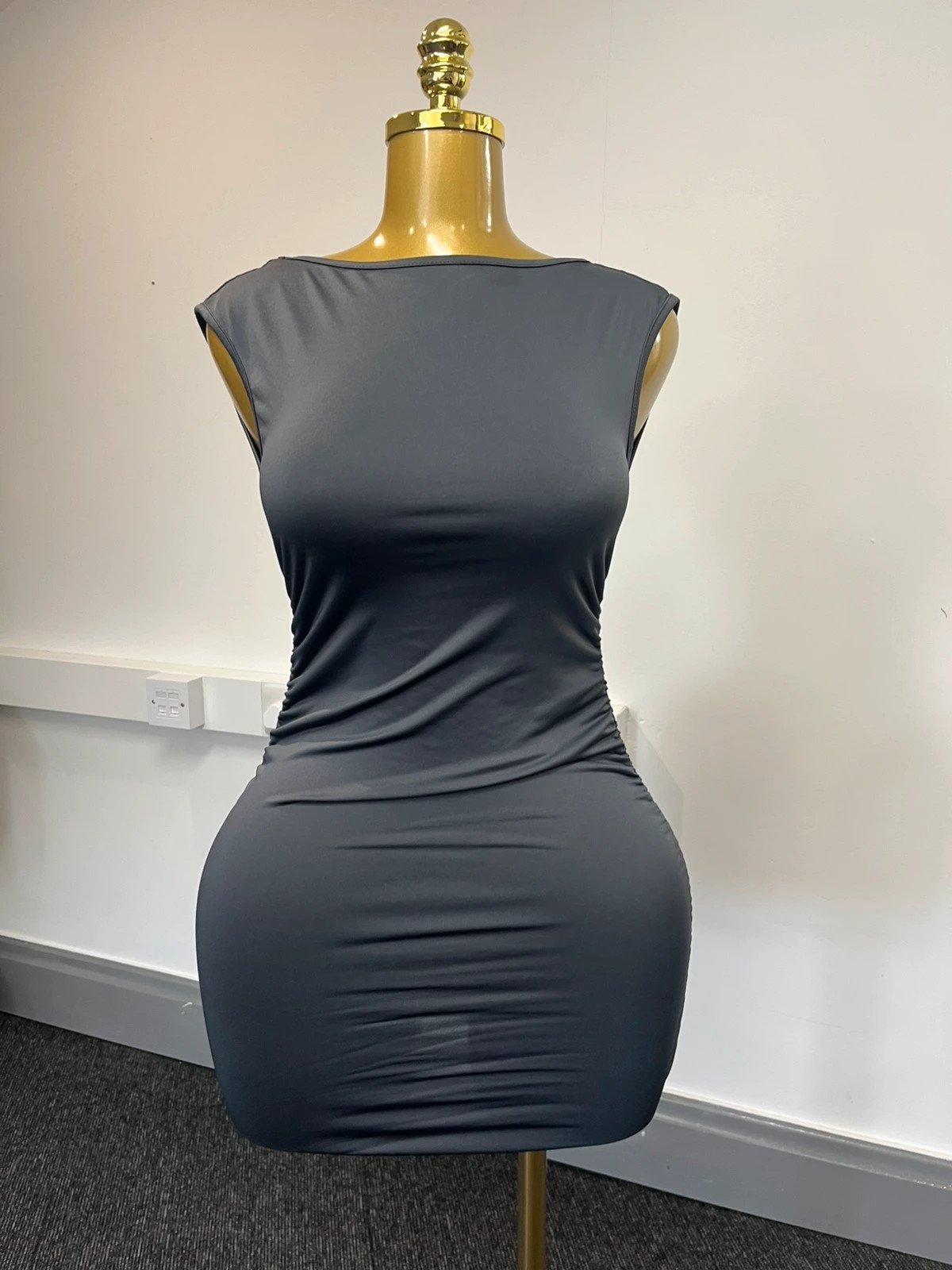 SHEIN Black Bodycon Midi Dress Ruched Size XS