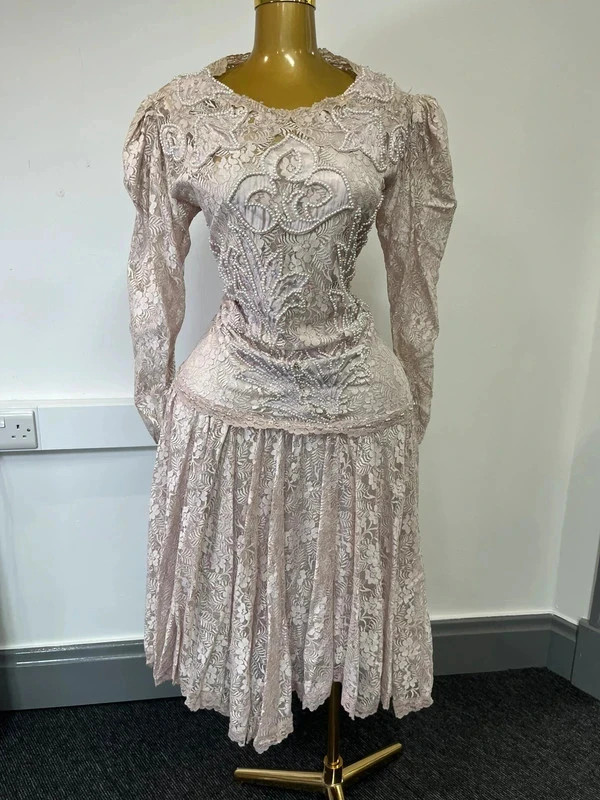 Rare Vintage Ann Balon Heavily Beaded Cream Italian Lace Occasion Dress