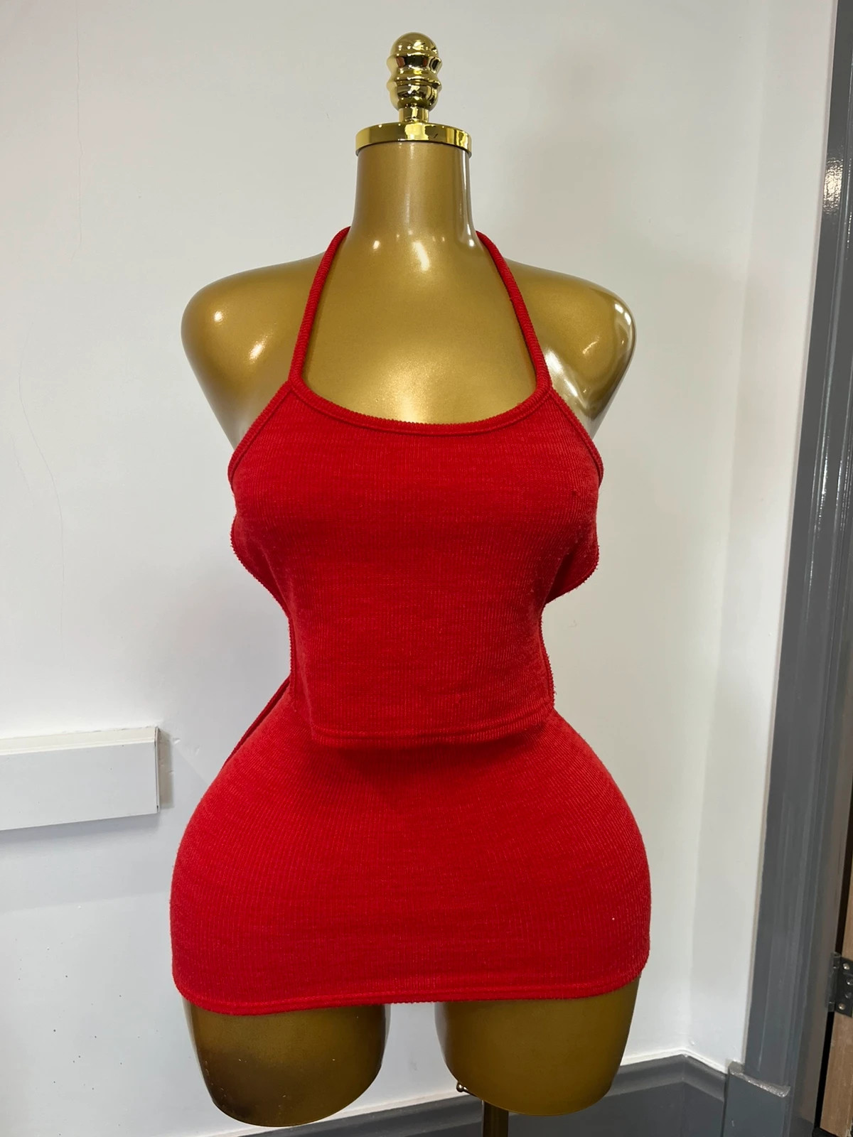 Shein Red Ribbed Halterneck Backless Co Ord Crop Top & Mini Skirt Set Extra Small