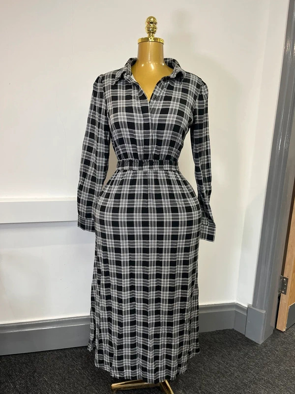 George plaid black grey white scrunched waist long dress
